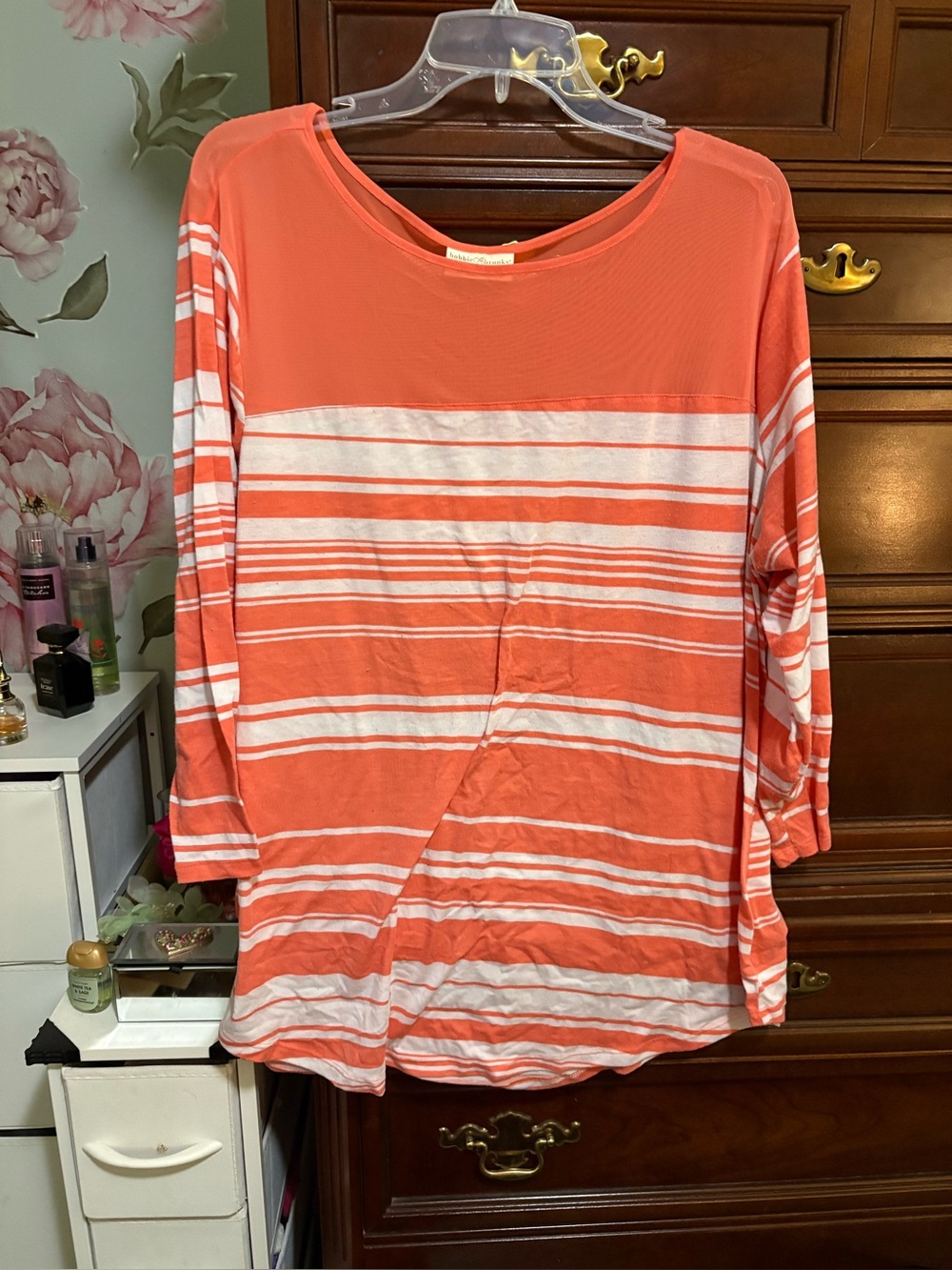 Bobbie Brooks Coral & White Striped Long Sleeve Top